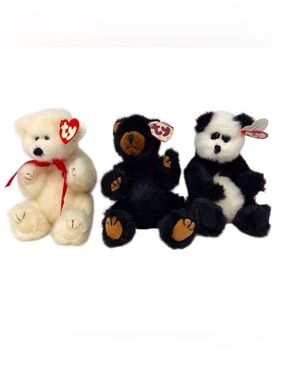 Vintage 1993 Ty jointed arms and legs; Ivan/brown Amore/white & Checkers/panda